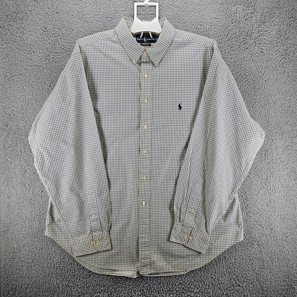 Ralph Lauren Mens Classic Fit Plaid Button Down Shirt Blue Yellow 18‎ 36/37